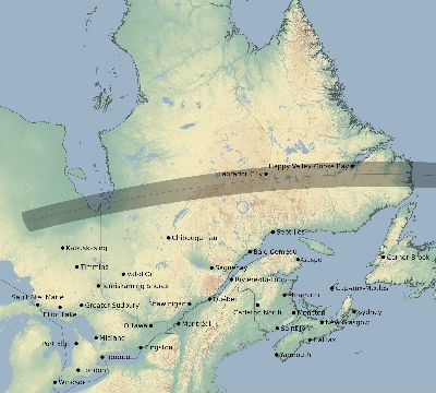 Map of the eclipse path across Canada on 08/21/1560