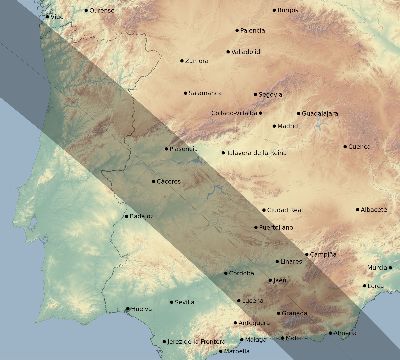 Map of the eclipse path across Spain on 08/21/1560