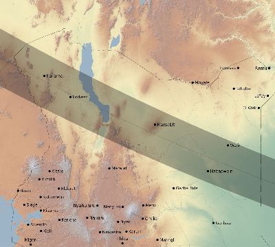 Map of the eclipse path across Kenya on 08/21/1560