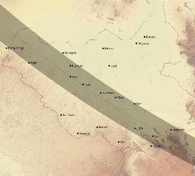 Map of the eclipse path across South Sudan on 08/21/1560