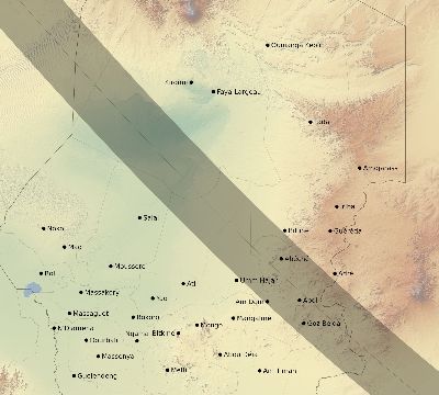 Map of the eclipse path across Chad on 08/21/1560