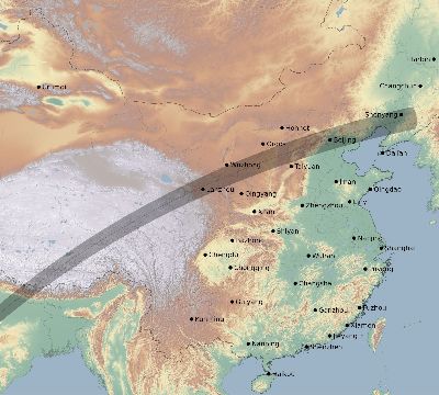 Map of the eclipse path across China on 02/14/1561