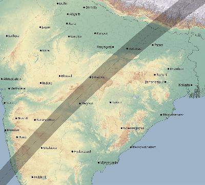 Map of the eclipse path across India on 02/14/1561