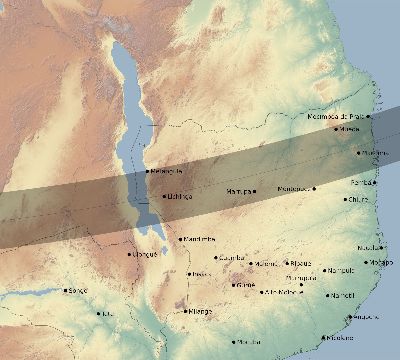 Map of the eclipse path across Mozambique on 02/14/1561