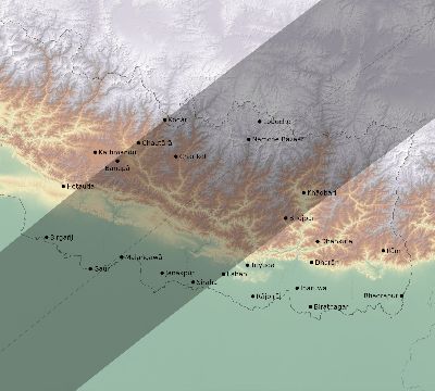 Map of the eclipse path across Nepal on 02/14/1561