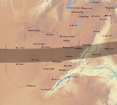 Map of the eclipse path across Zambia on 02/14/1561