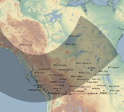 Map of the eclipse path across Canada on 11/22/1565