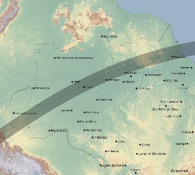 Map of the eclipse path across Brazil on 03/28/1568