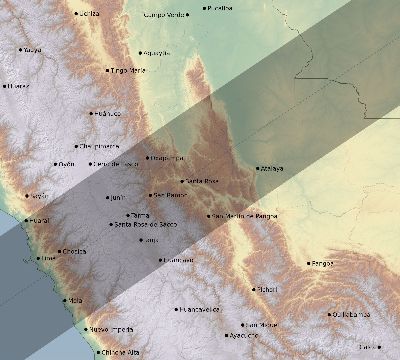 Map of the eclipse path across Peru on 03/28/1568