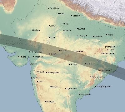 Map of the eclipse path across India on 09/21/1568