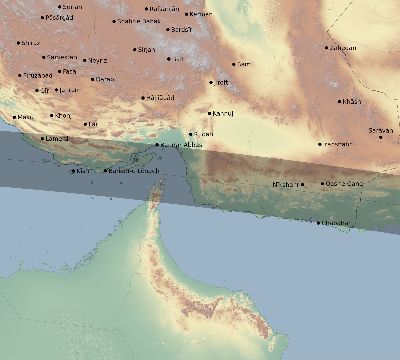 Map of the eclipse path across Iran on 09/21/1568