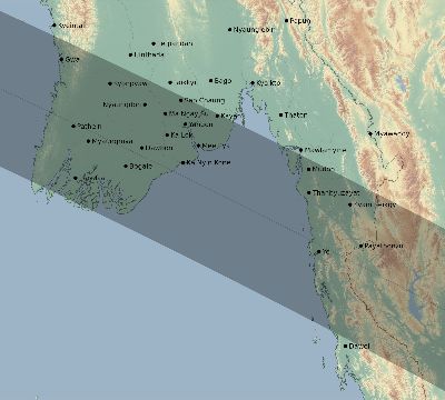 Map of the eclipse path across Myanmar on 09/21/1568
