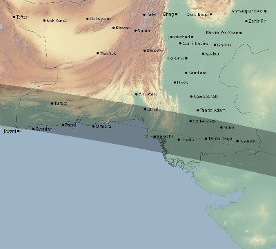 Map of the eclipse path across Pakistan on 09/21/1568