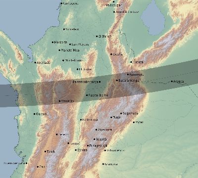 Map of the eclipse path across Colombia on 01/25/1571
