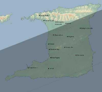 Map of the eclipse path across Trinidad and Tobago on 01/25/1571