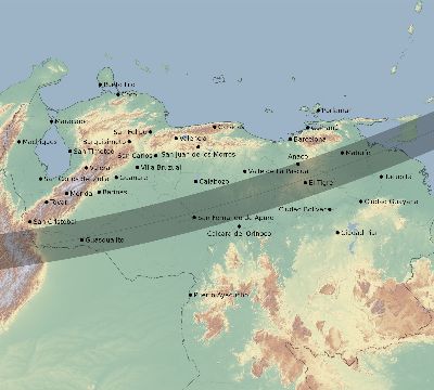 Map of the eclipse path across Venezuela on 01/25/1571