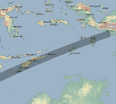 Map of the eclipse path across Indonesia on 01/15/1572