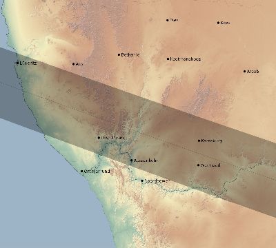 Map of the eclipse path across Namibia on 01/15/1572