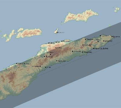 Map of the eclipse path across Timor-Leste on 01/15/1572