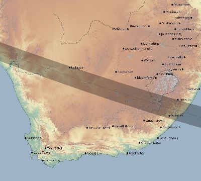 Map of the eclipse path across South Africa on 01/15/1572