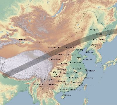 Map of the eclipse path across China on 07/10/1572