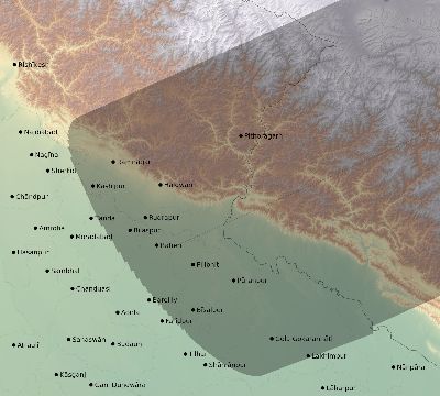 Map of the eclipse path across India on 07/10/1572