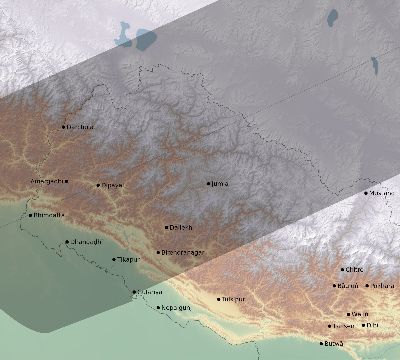 Map of the eclipse path across Nepal on 07/10/1572