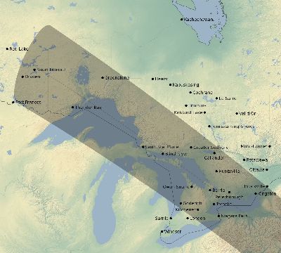 Map of the eclipse path across Canada on 11/13/1574