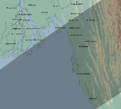 Map of the eclipse path across Bangladesh on 05/10/1575