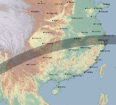Map of the eclipse path across China on 05/10/1575