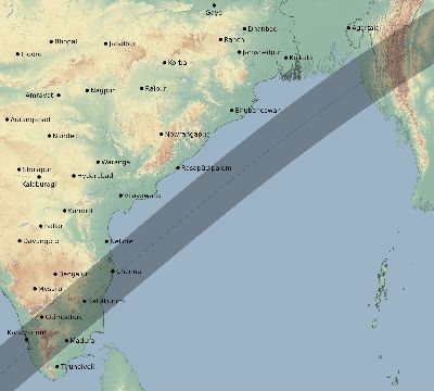Map of the eclipse path across India on 05/10/1575