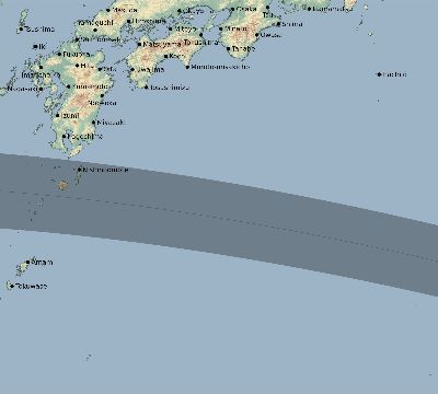 Map of the eclipse path across Japan on 05/10/1575