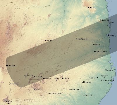Map of the eclipse path across Mozambique on 05/10/1575