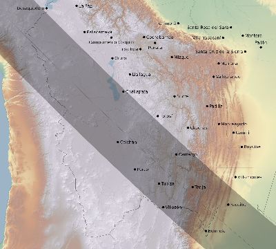 Map of the eclipse path across Bolivia on 11/02/1575