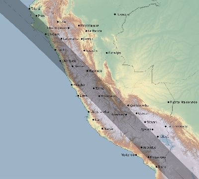 Map of the eclipse path across Peru on 11/02/1575
