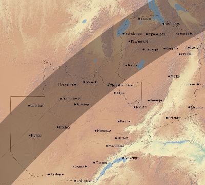 Map of the eclipse path across Zambia on 03/08/1578