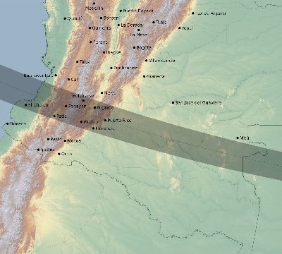 Map of the eclipse path across Colombia on 09/01/1578