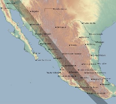 Map of the eclipse path across Mexico on 09/01/1578