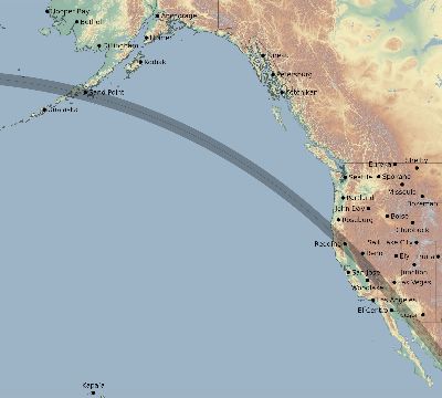 Map of the eclipse path across United States on 09/01/1578