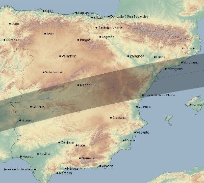 Map of the eclipse path across Spain on 02/25/1579