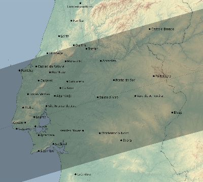 Map of the eclipse path across Portugal on 02/25/1579
