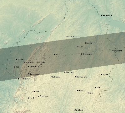 Map of the eclipse path across Benin on 08/22/1579