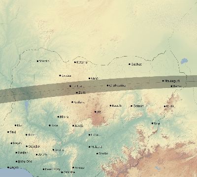 Map of the eclipse path across Nigeria on 08/22/1579