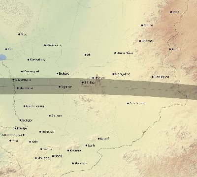 Map of the eclipse path across Chad on 08/22/1579