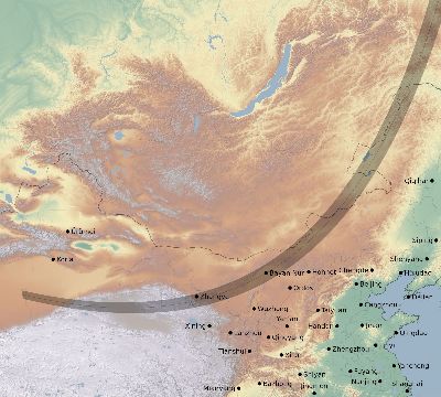Map of the eclipse path across China on 02/15/1580