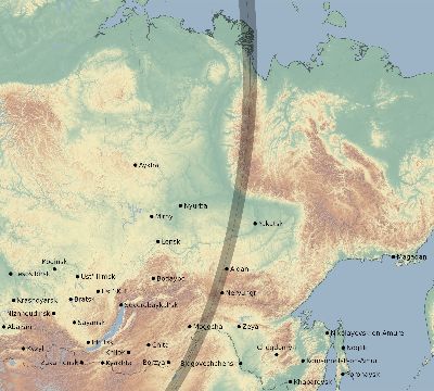 Map of the eclipse path across Russia on 02/15/1580