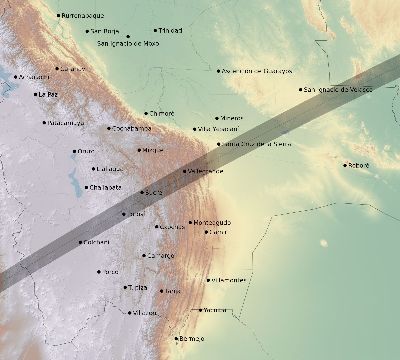 Map of the eclipse path across Bolivia on 12/25/1581