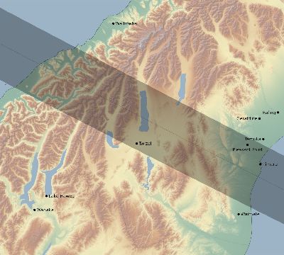 Map of the eclipse path across New Zealand on 12/25/1581