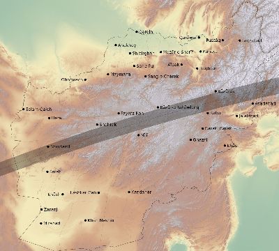 Map of the eclipse path across Afghanistan on 06/20/1582