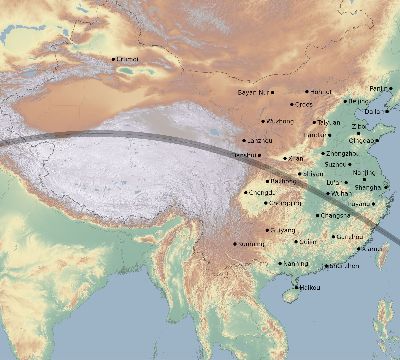 Map of the eclipse path across China on 06/20/1582